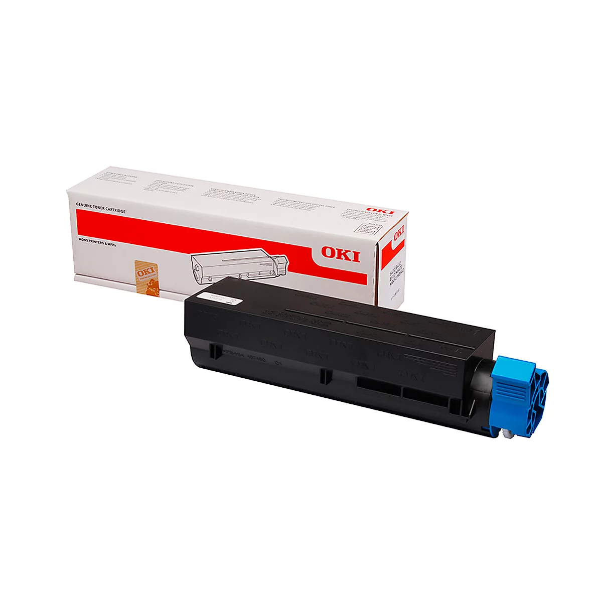 A black OKI toner cartridge with blue accessories, next to the packaging, on a white background.