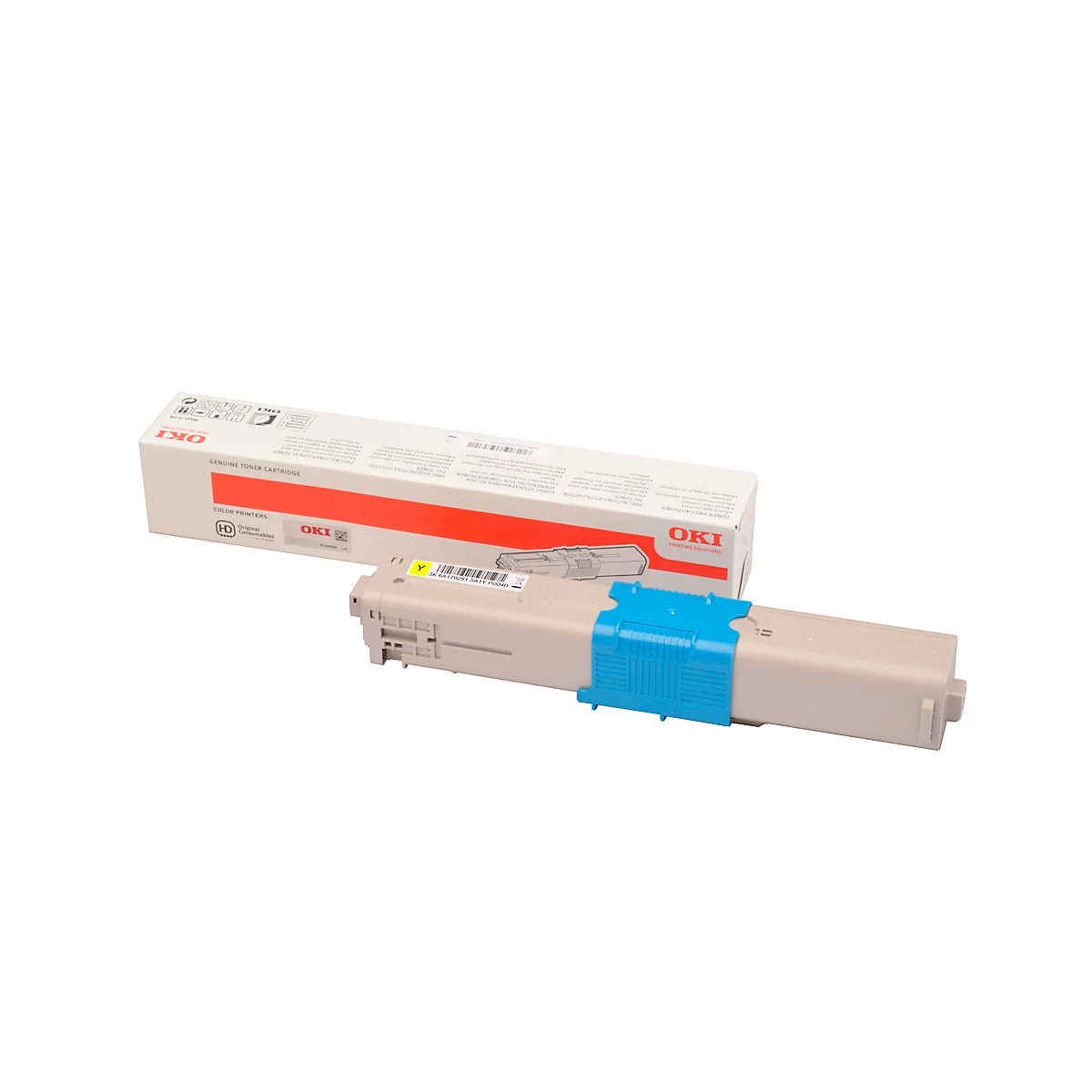 OKI toner cartridge with yellow label and blue holder next to the packaging.