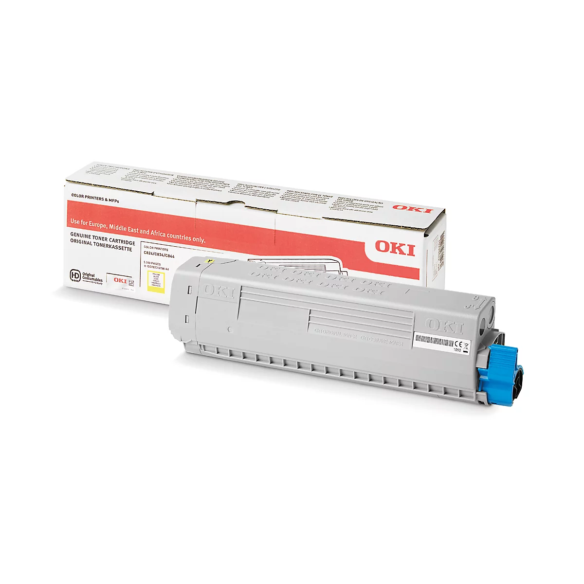 Gray printer cartridge with blue elements and a package. The package says "OKI".