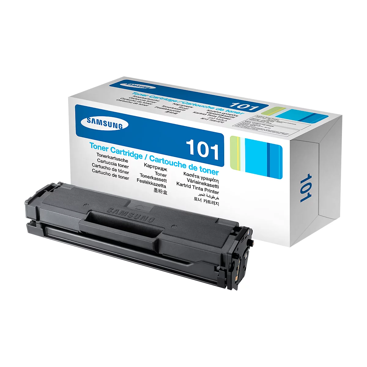 A black Samsung toner cartridge lies in front of the packaging. The packaging says "101".