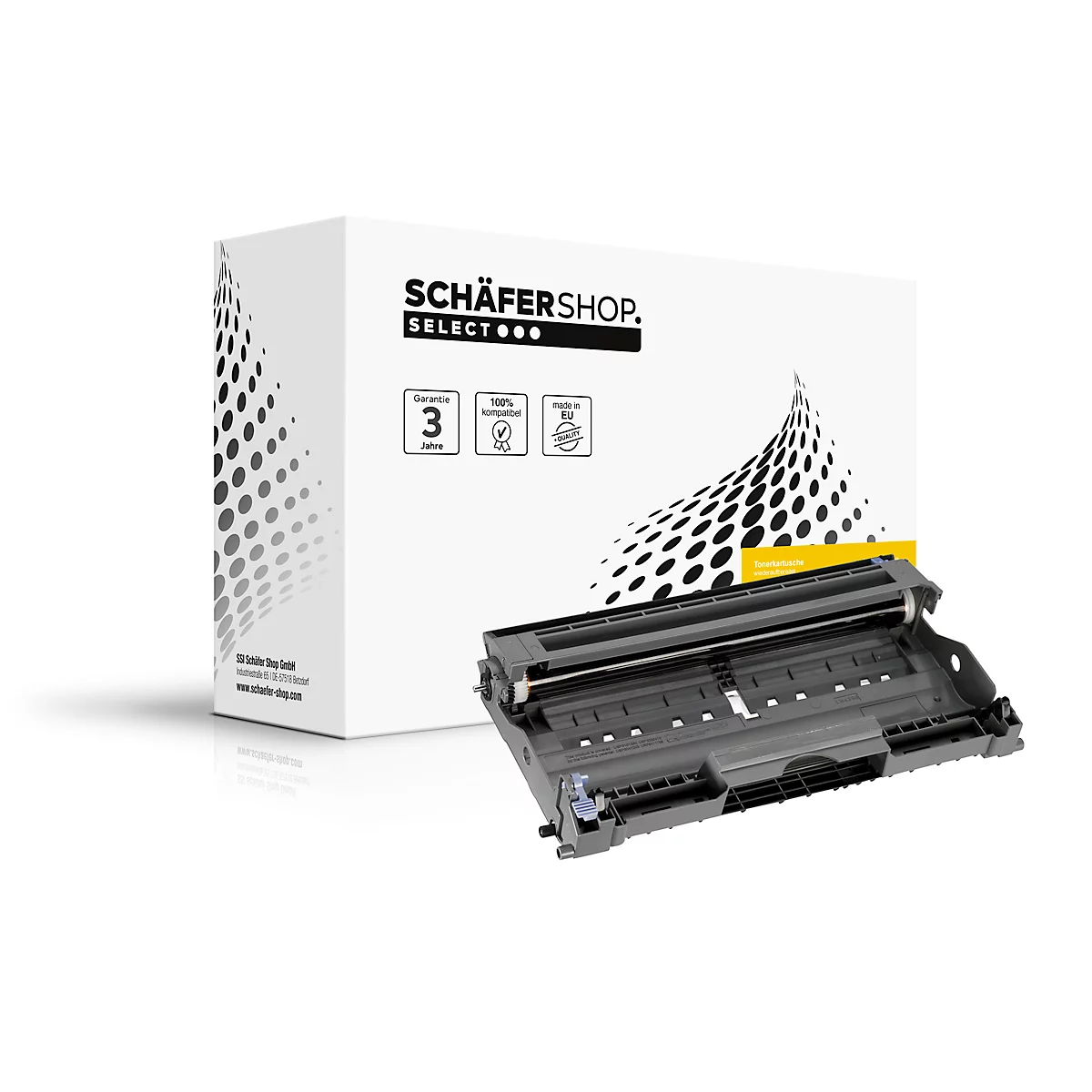 A toner drum kit and a box with the Schafershop logo. The packaging has logos of 3 years warranty, 100% eco, and 100% compatible.