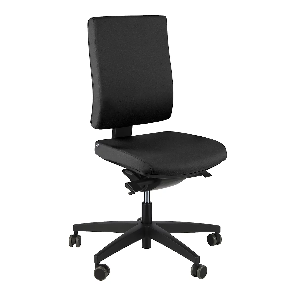 Black office chair with backrest, seat, casters and height-adjustable base. The chair is set up in a studio.
