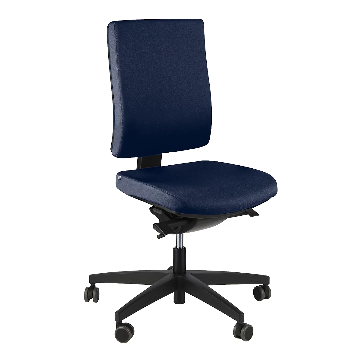 An ergonomic office chair in navy blue against a white background. Black frame and wheels.