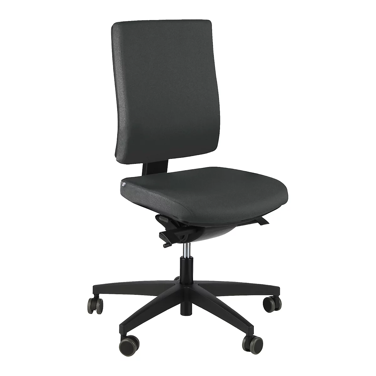 Gray office chair with castors. Ergonomic shape, adjustable height and backrest. Black frame.