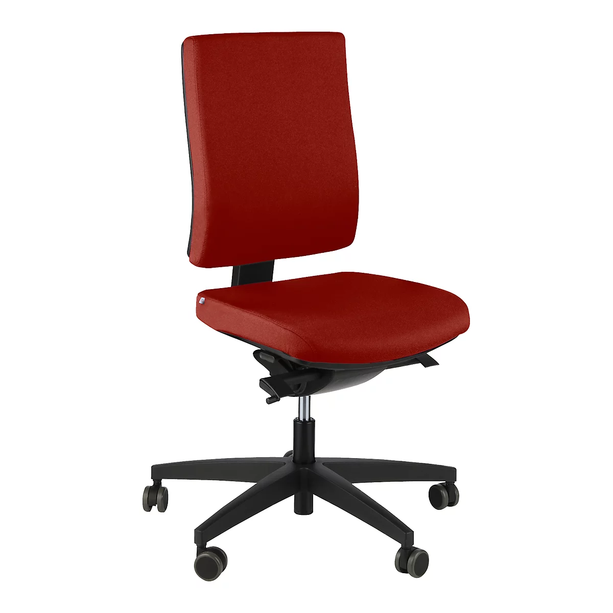 Red office chair on castors, black frame, ergonomically shaped.