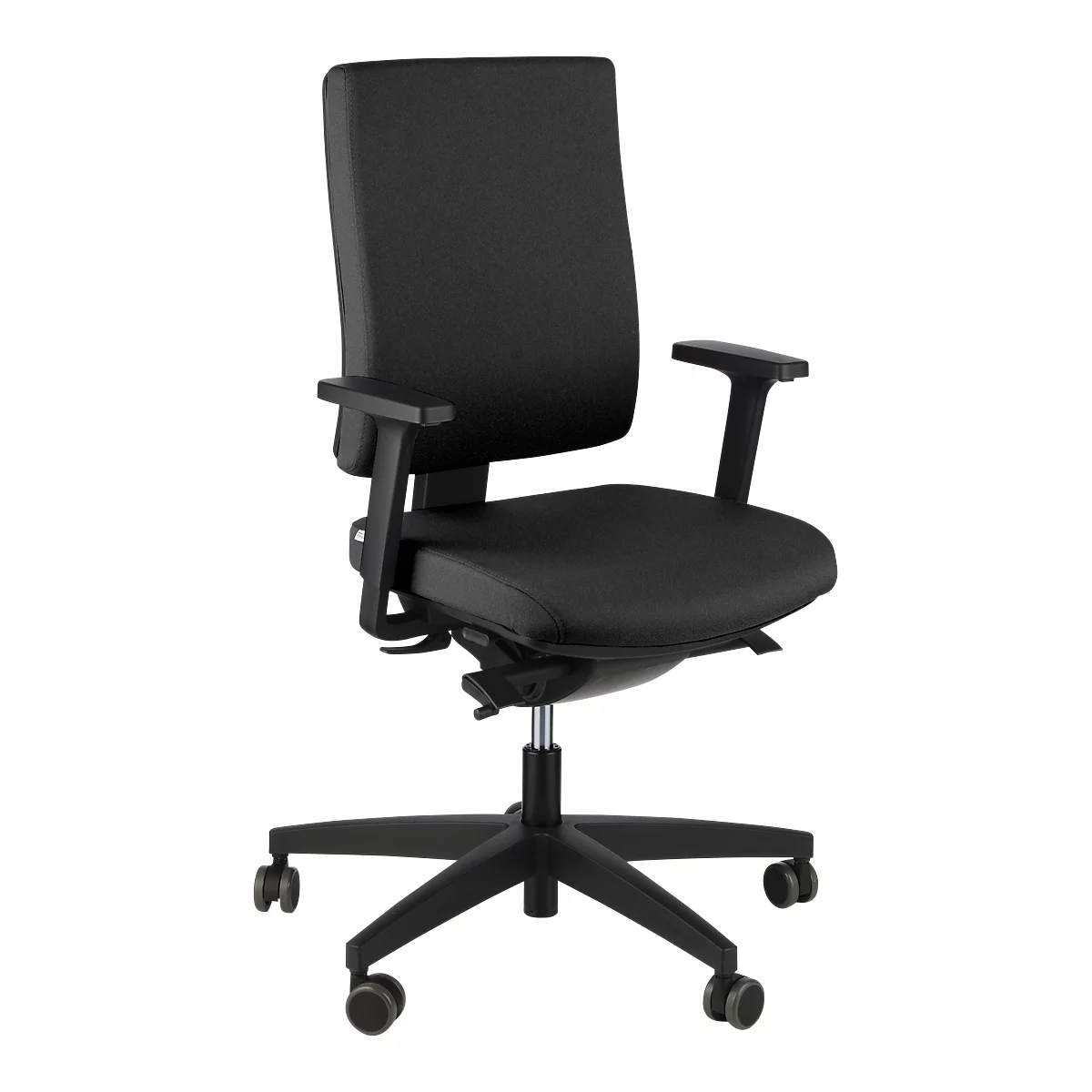 Black office chair, ergonomically shaped, with armrests and castors. Backrest and seat made of padded fabric.
