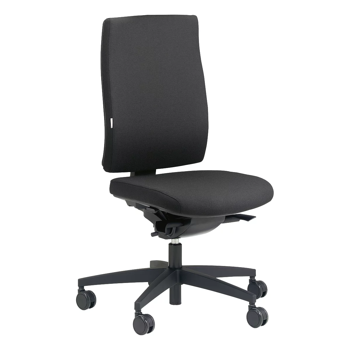 Black office chair, ergonomically shaped, with rollers and adjustable backrest.