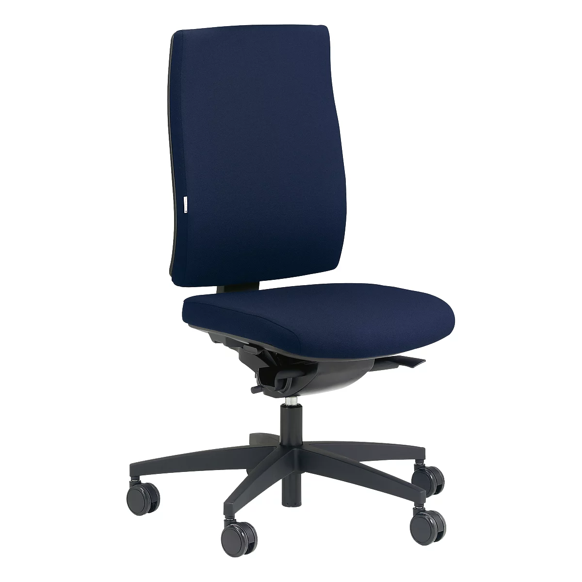 Blue office chair with backrest, seat, castors and frame. Detailed shot of the office chair, which is on a white background.
