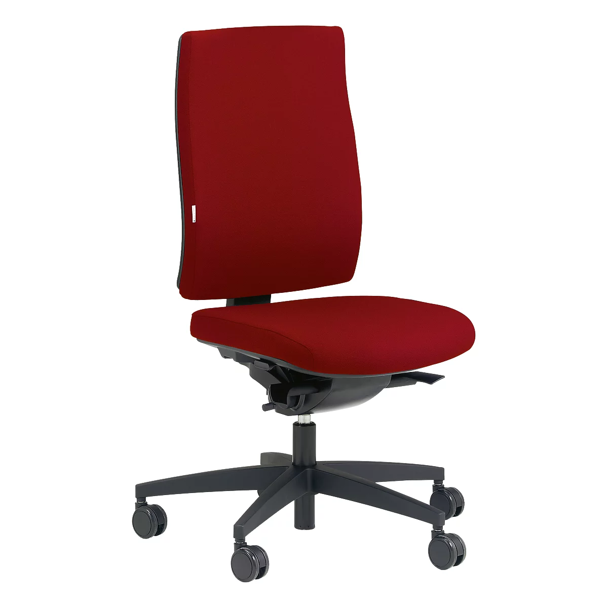 Office chair with red fabric and black frame. The chair is on castors and has a high backrest.