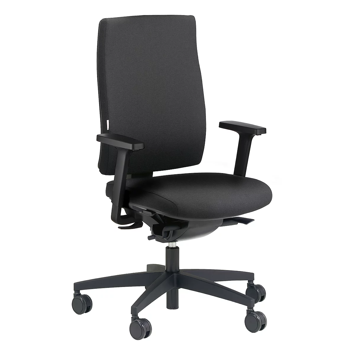 Black office chair, ergonomically shaped. Backrest and seat are padded, armrests adjustable. On castors.