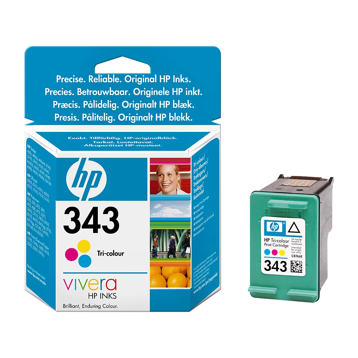 Eine HP 343 Tri-Colour Druckerpatrone und ihre Verpackung vor weißem Hintergrund. Die Patrone ist grün und schwarz, die Verpackung blau.