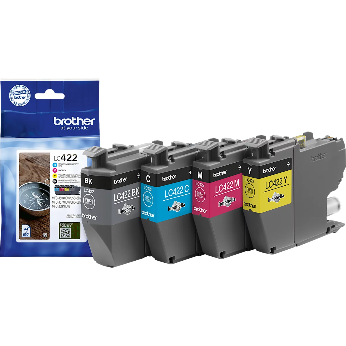 Brother merk kleurencartridgeset, bestaande uit zwart, cyaan, magenta en geel. Inclusief verpakking.