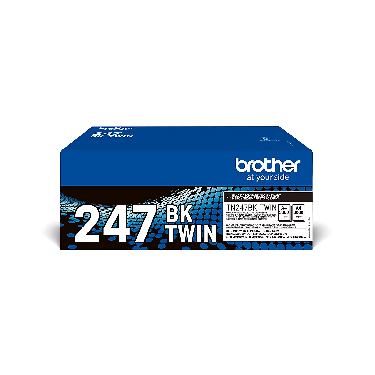 Blauwe Brother tonercartridge doos met '247 BK TWIN' erop. Zwarte opdruk, productnaam en logo's.