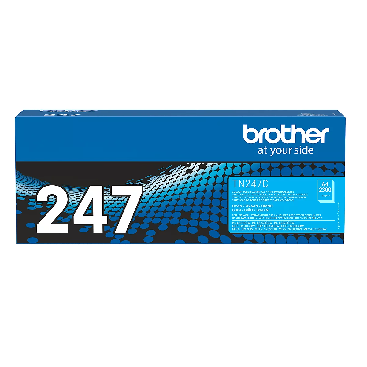 Blauwe Brother tonerdoos met witte letters: 247, TN247C. Rechtsboven het Brother-opschrift.
