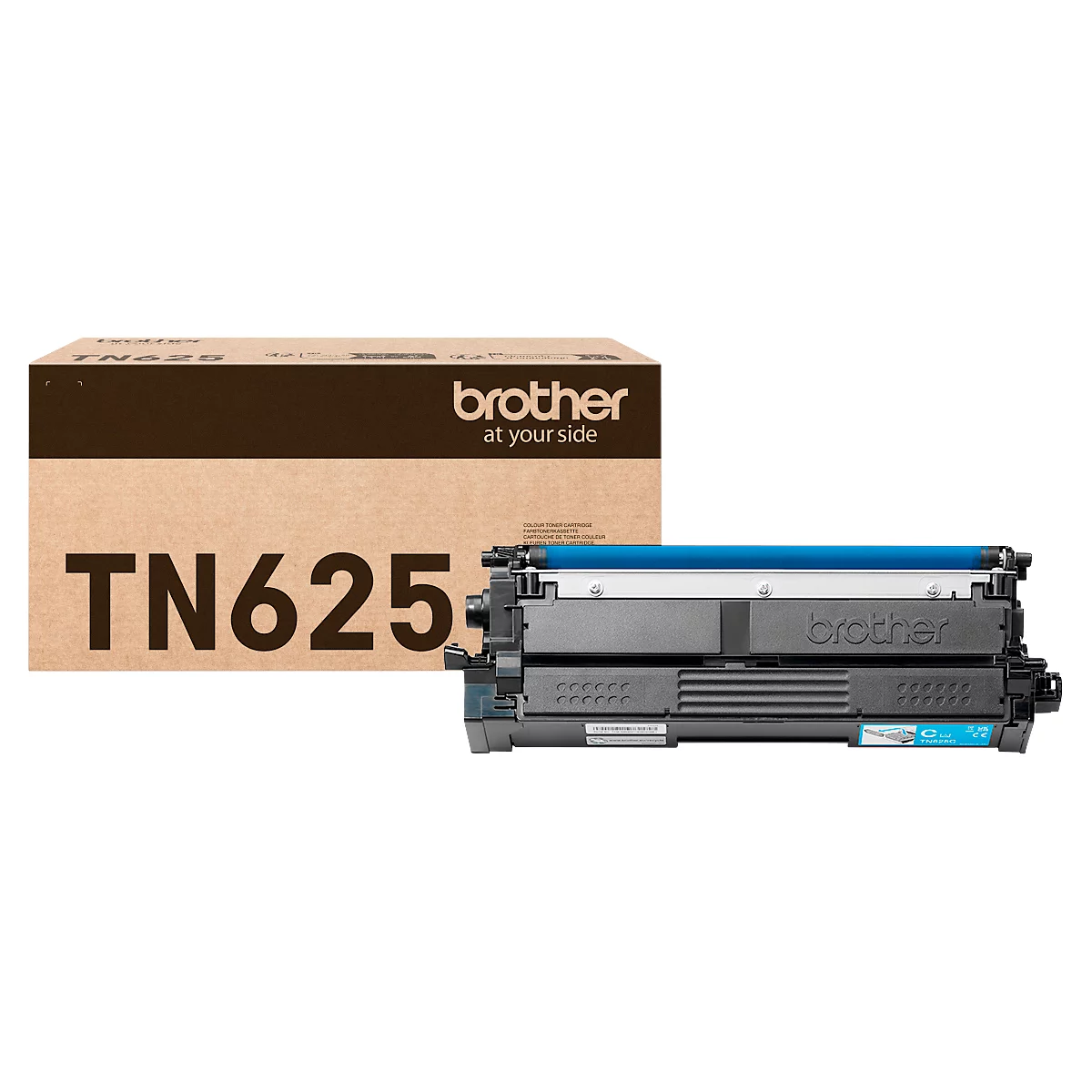 Brother TN625 tonercartridge voor de bijbehorende bruine verpakking.