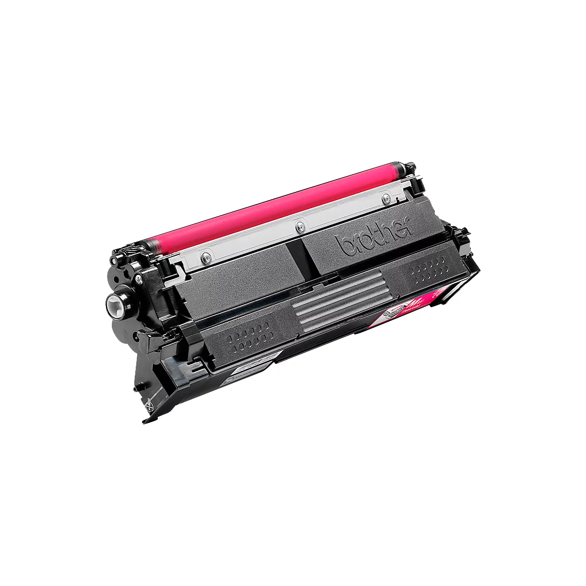 Zwarte Brother tonercartridge met roze rol tegen een witte achtergrond.