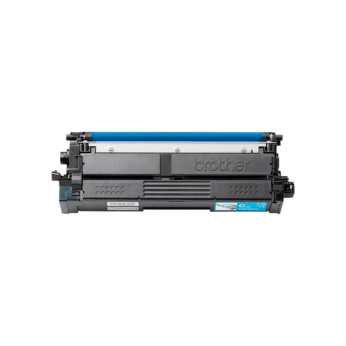 Zwarte Brother tonercartridge met een lichtblauwe roller en Brother-logo op een witte achtergrond.