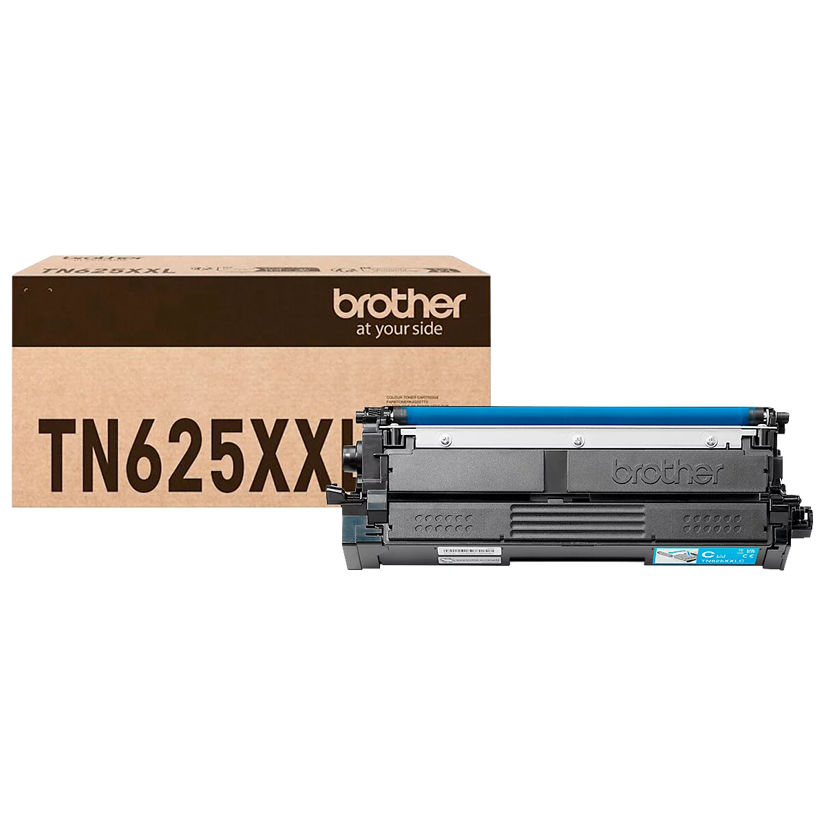 Zwarte Brother tonercartridge TN625XXL voor de bijbehorende bruine productverpakking.