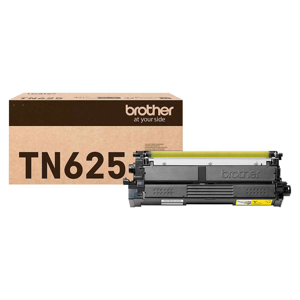 Brother TN625 tonercartridge voor de bijbehorende bruine verpakking.