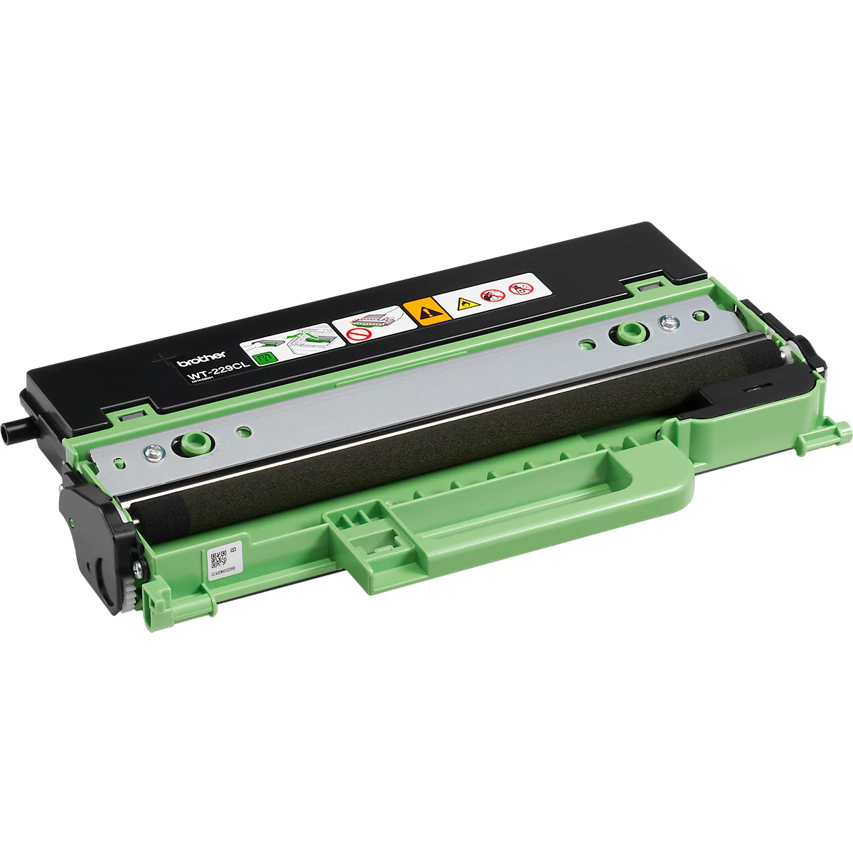 Een groene en zwarte Brother tonercartridge. Bovenop zitten waarschuwingsborden, stickers en het Brother-logo.