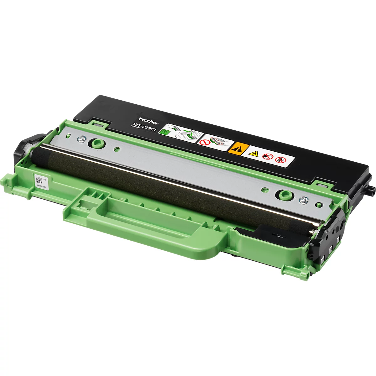 Een groene en zwarte Brother tonercartridge; met tekst erop.