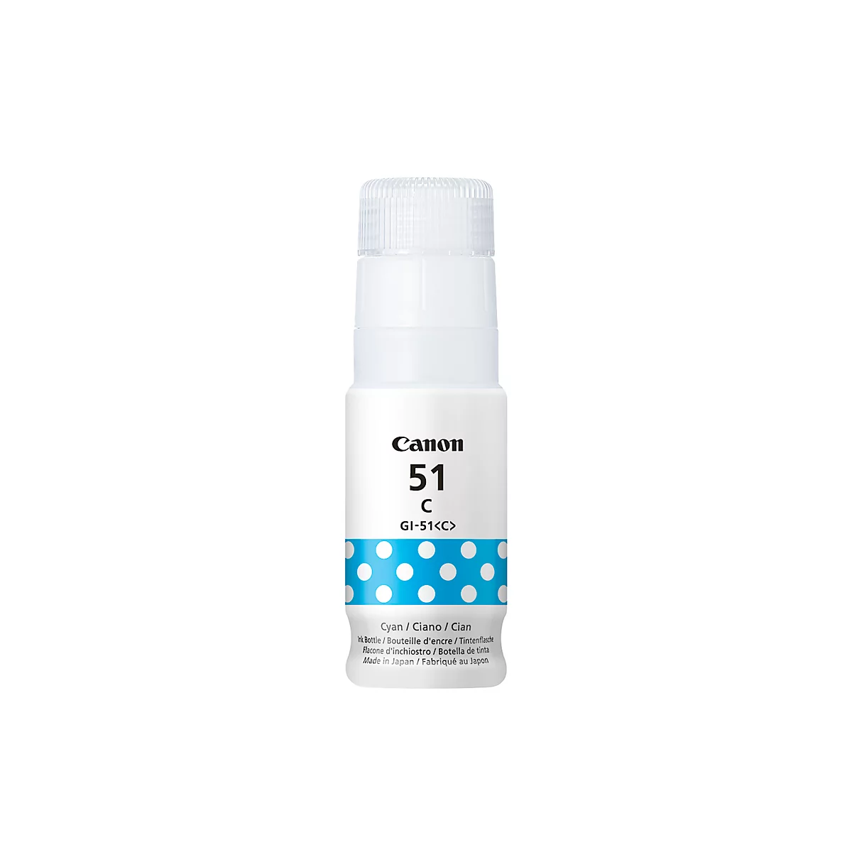 Een witte Canon inktfles met het label "51 C". Het onderste deel van de fles is blauw met witte stippen.