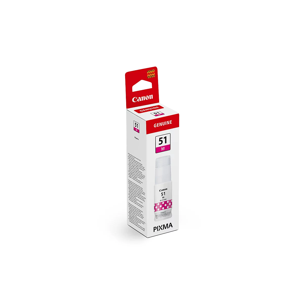 Canon inktcartridge, verpakking met "51 M" opdruk, rode deksel, witte achtergrond.