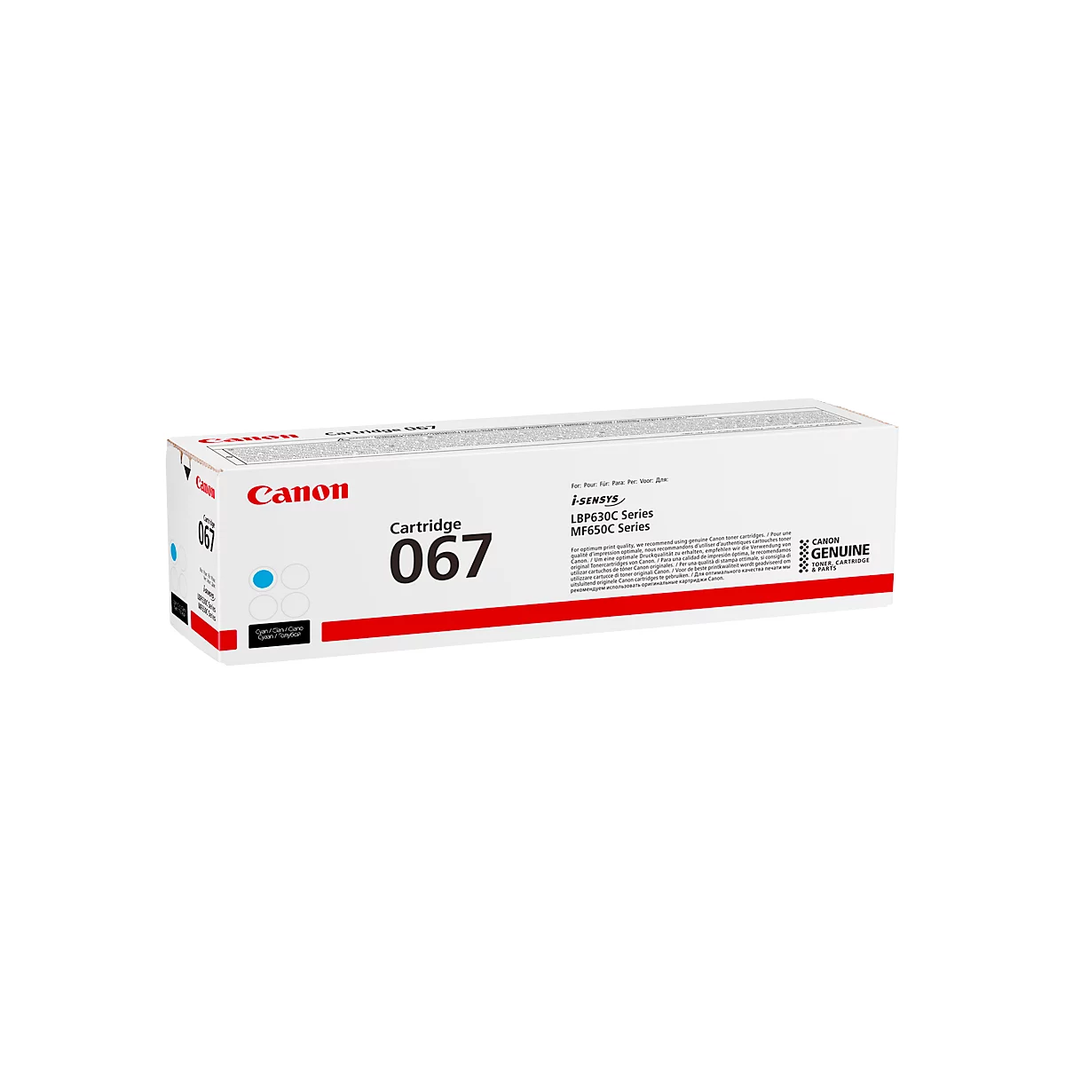 Doos van Canon 067 tonercartridge met rode en blauwe accenten, witte achtergrond.