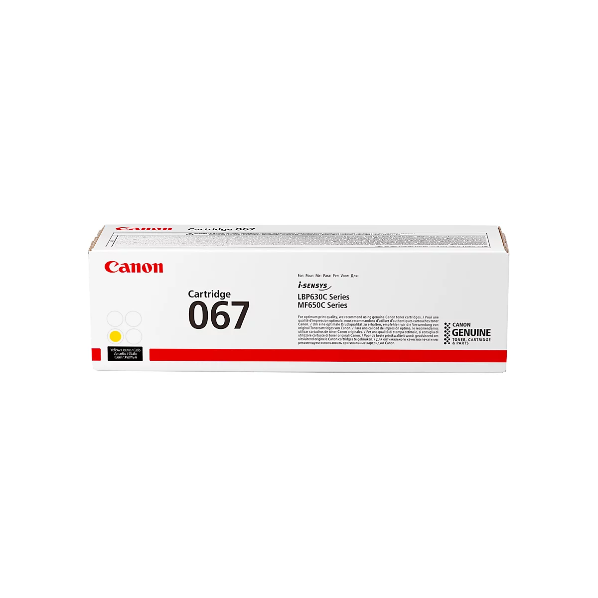 Een Canon cartridge 067 in een witte doos. Gedrukt: Canon, Cartridge 067 en andere informatie.