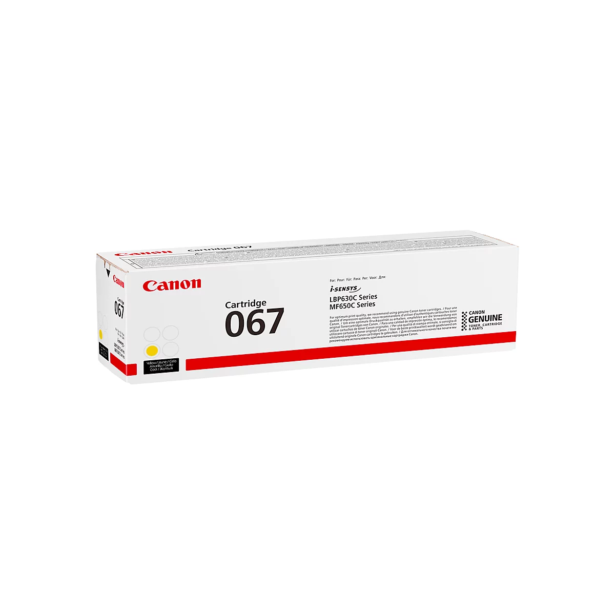 Een Canon cartridge, type 067. Witte doos met rode letters, Canon logo. Zwart nummer 067 op de voorkant.