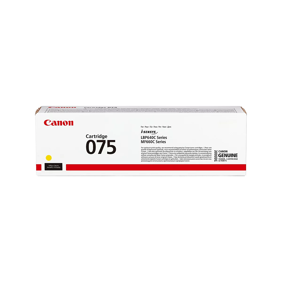 Gele Canon Cartridge 075. Opschrift: Canon, Cartridge 075, LBP640C-serie, MF640C-serie, Genuine.