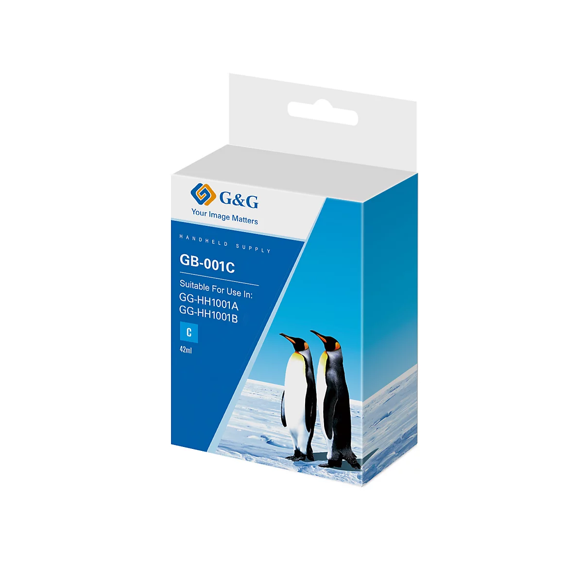 Blauwe inktcartridge doos met pinguïns en productnaam GB-001C.