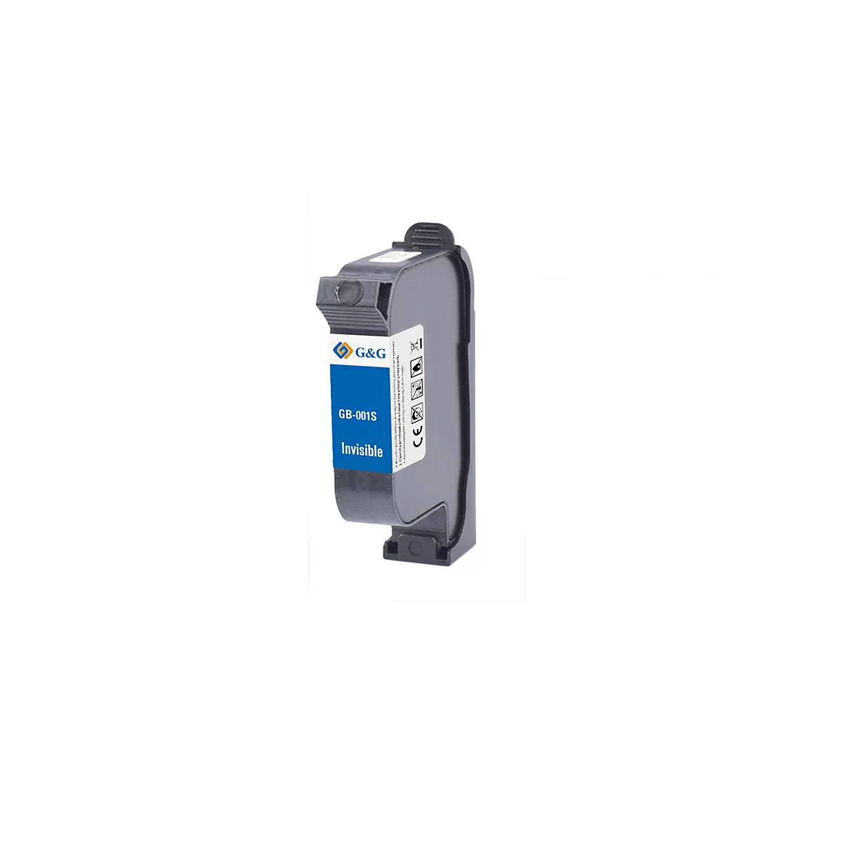 Donkergrijze inktcartridge met blauw label. Er staat G&G, GB-0015 en Invisible.