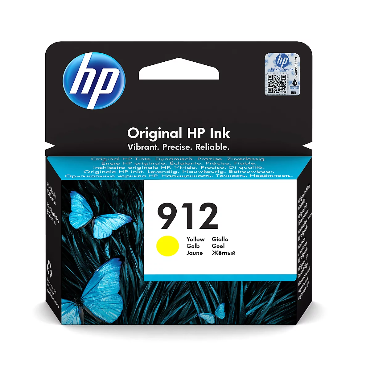 Gele HP 912 inktcartridge met vlinders. Opschrift: Original HP Ink, 912, Yellow, Gelb, Jaune, Жёлтый.