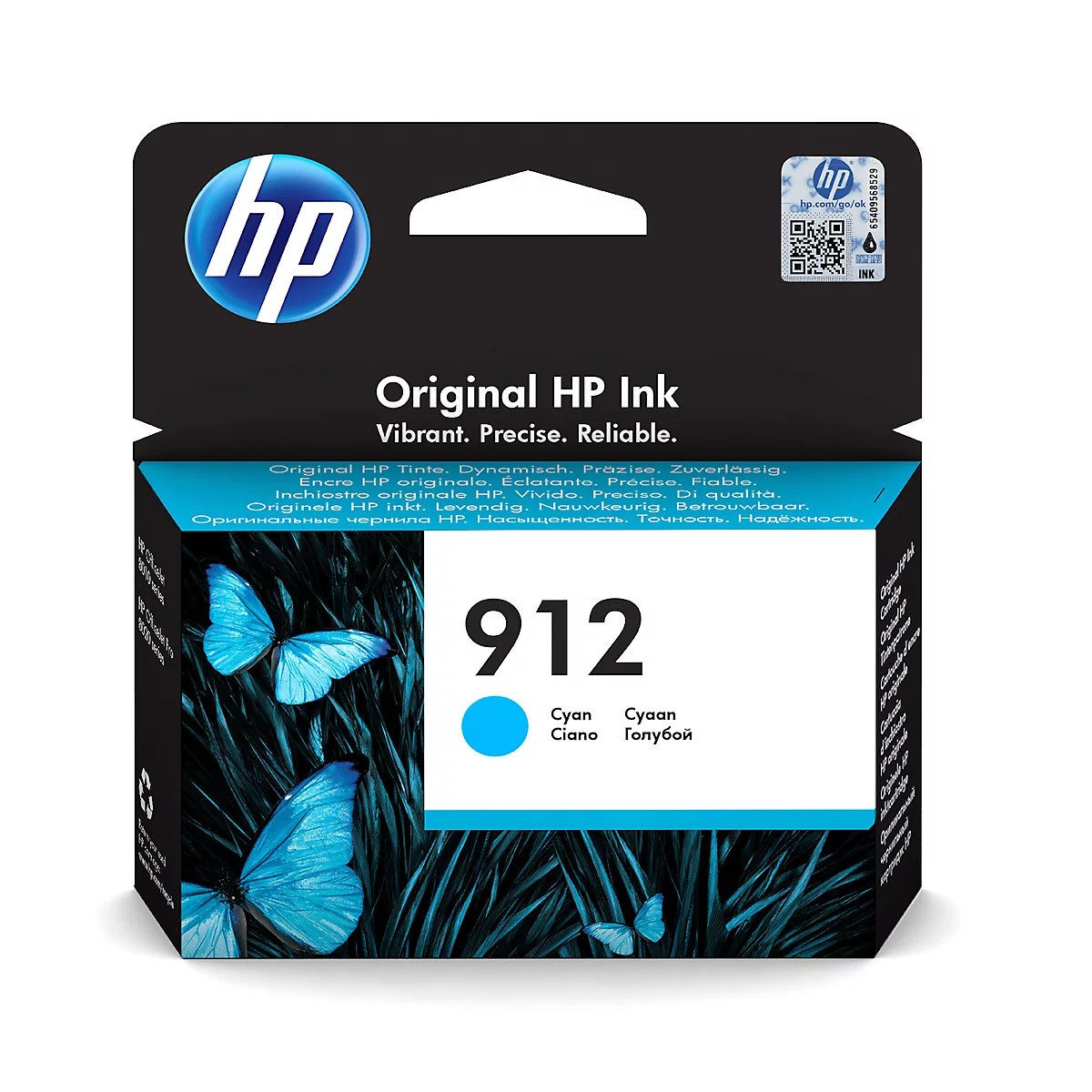 Originele HP inktcartridge, 912 Cyaan. Zwarte achtergrond, blauw logo, tekst: Vibrant, Precise, Reliable.
