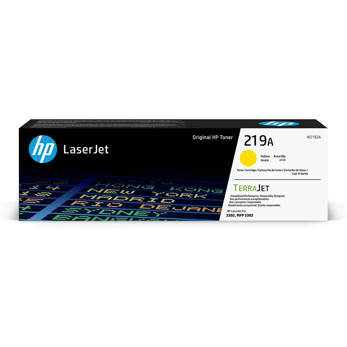 HP LaserJet tonercartridge 219A, geel, op een witte achtergrond. Zwarte doos met blauwe en gele letters.