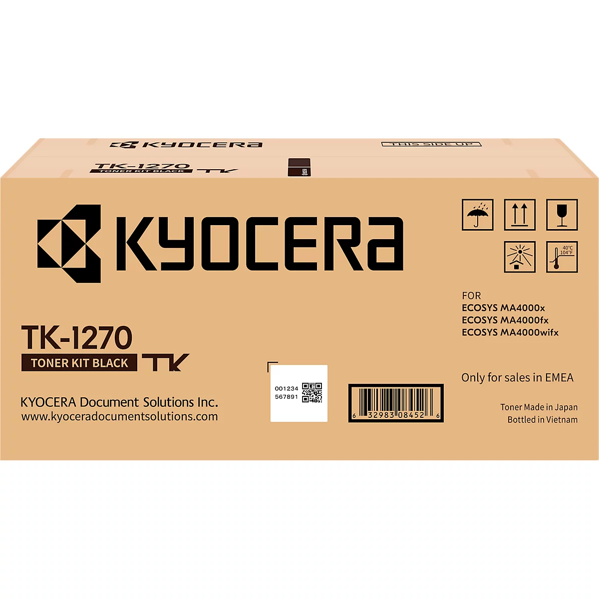 Bruine kartonnen doos met KYOCERA logo en productinformatie. 'TK-1270 Toner Kit Black' is duidelijk zichtbaar.