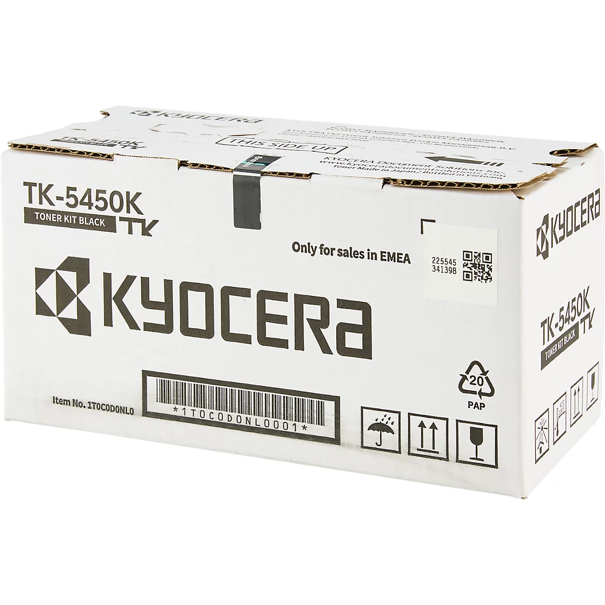 Een witte doos met opdrukken van Kyocera. Op de doos staat "TK-5450K Toner Kit Black" en barcode.