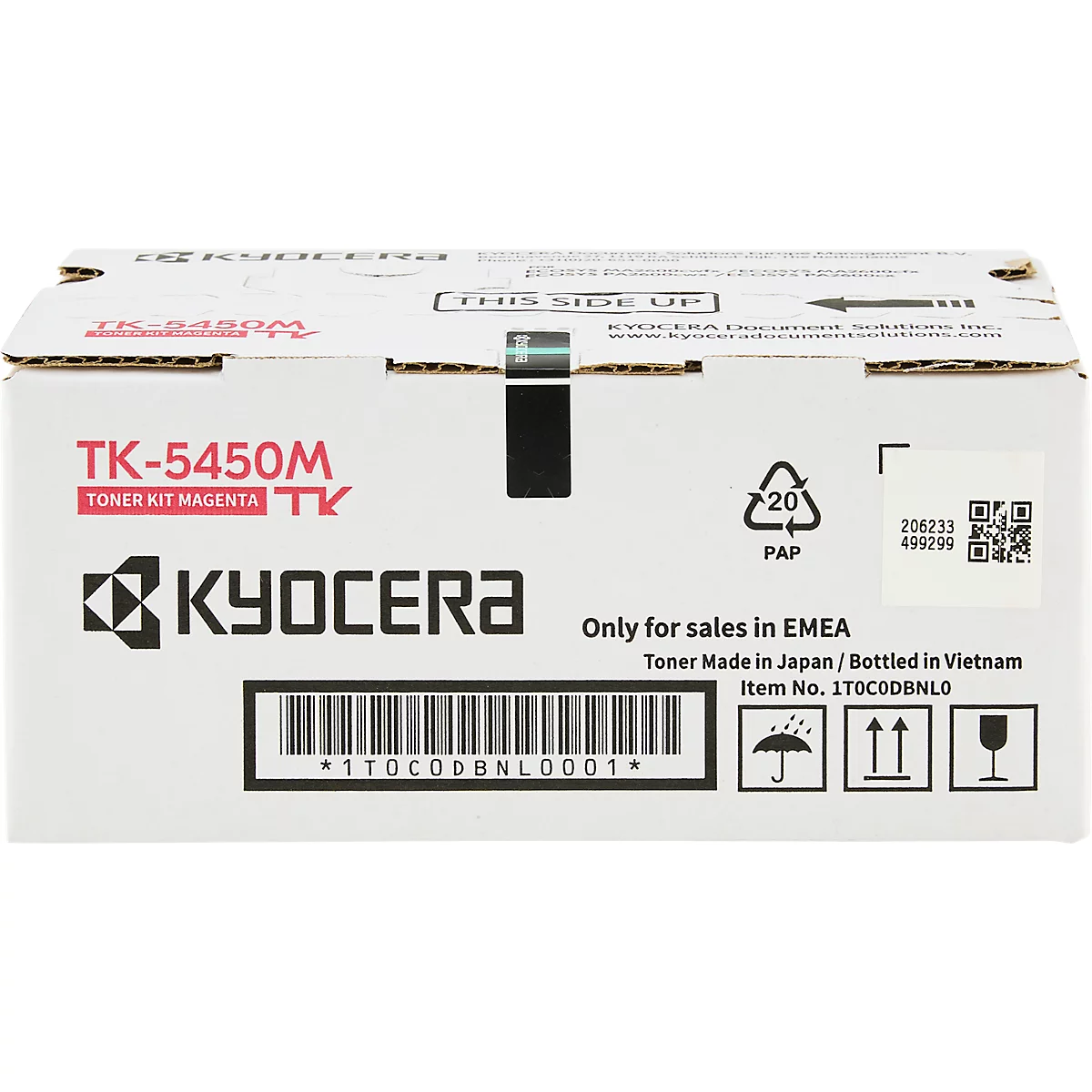 Een Kyocera doos. Tekst omvat TK-5450M Toner Kit Magenta, EMEA, barcode en iconen.