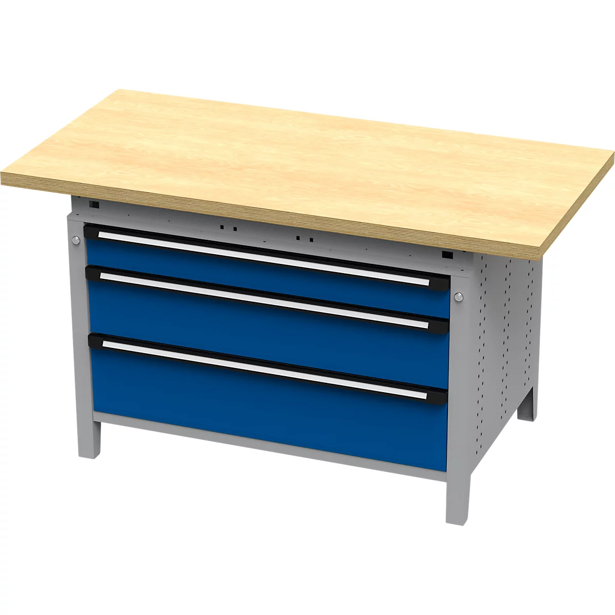 Otto Kind brede werkbank type 405, beuken multiplex blad, tot 1.200 kg, B 1524 x D 750 x H 850 mm, staal, centrale vergrendeling, blank aluminium/ gentiaanblauw