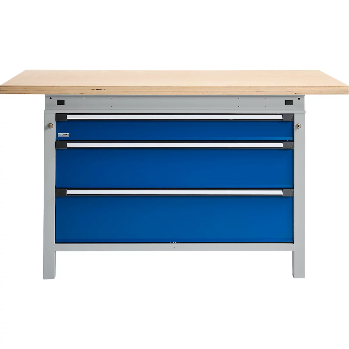 Otto Kind brede werkbank type 405, beuken multiplex blad, tot 1.200 kg, B 1524 x D 750 x H 850 mm, staal, centrale vergrendeling, blank aluminium/ gentiaanblauw