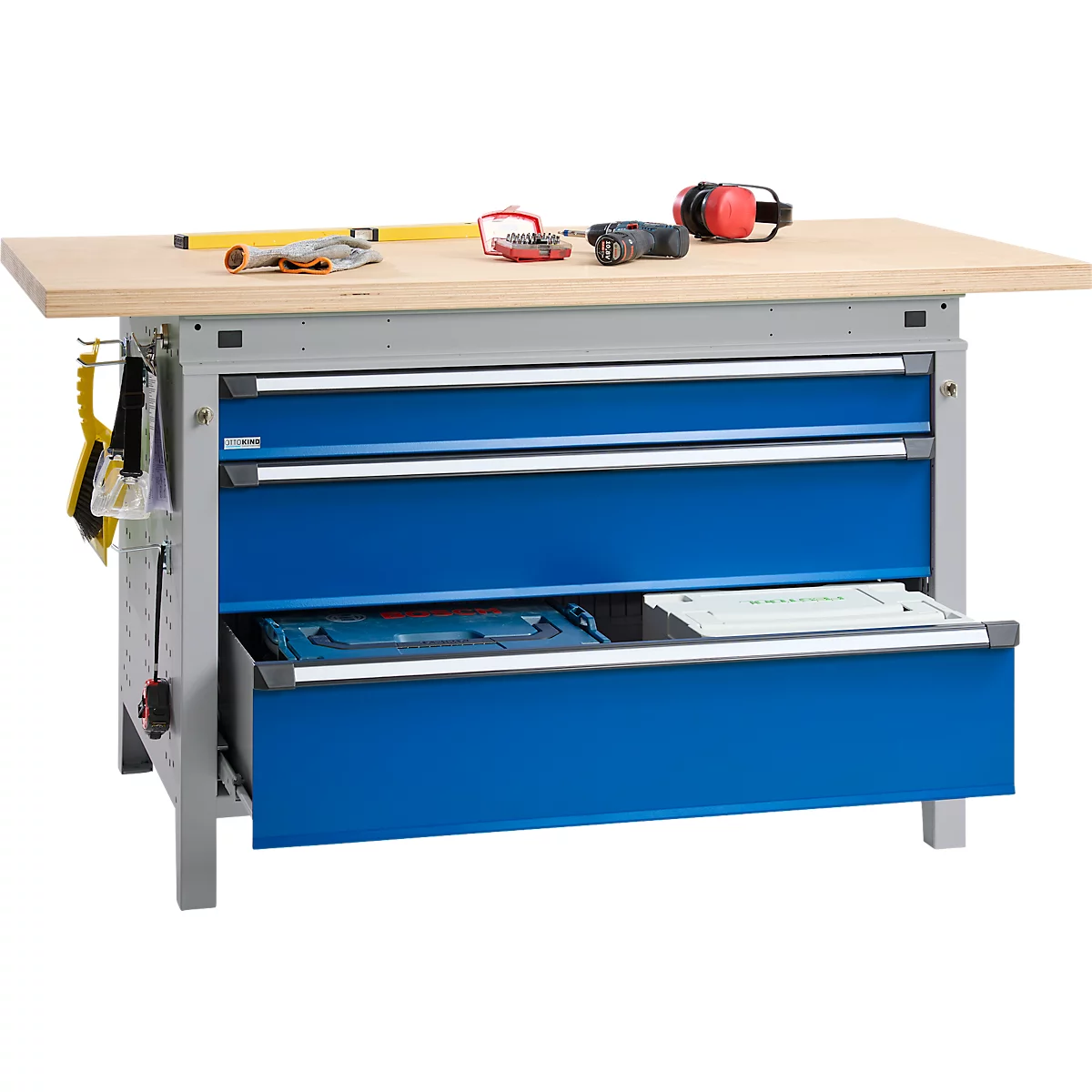 Otto Kind brede werkbank type 405, beuken multiplex blad, tot 1.200 kg, B 1524 x D 750 x H 850 mm, staal, centrale vergrendeling, blank aluminium/ gentiaanblauw