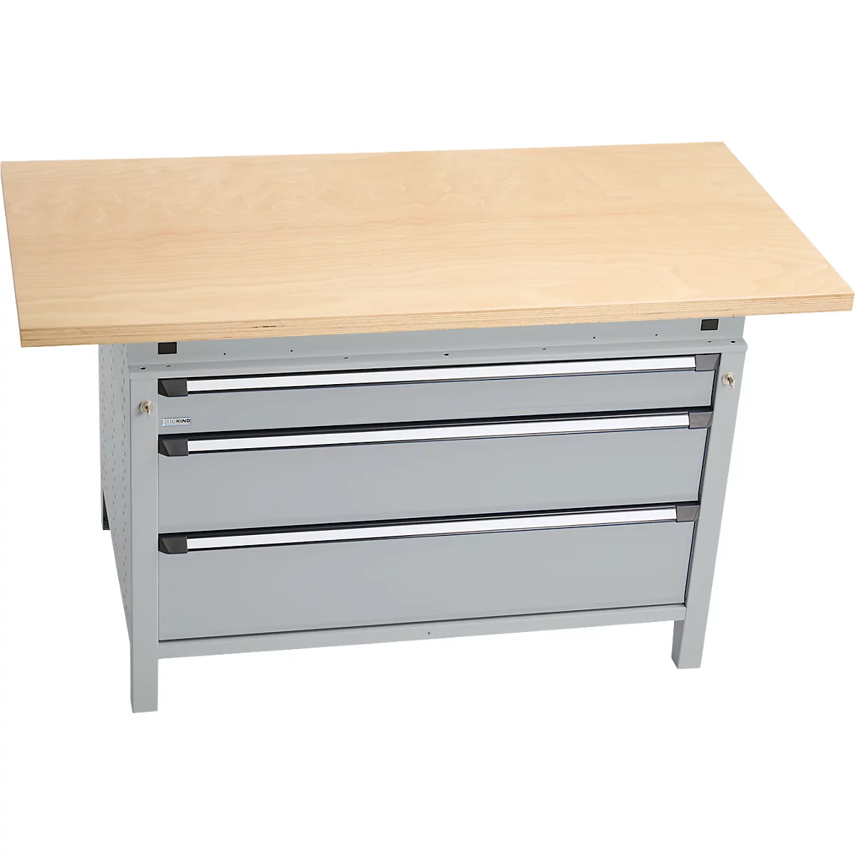 Otto Kind brede werkbank type 405, beuken multiplex blad, tot 1.200 kg, B 1524 x D 750 x H 850 mm, staal, centrale vergrendeling, blank aluminium/wit aluminium