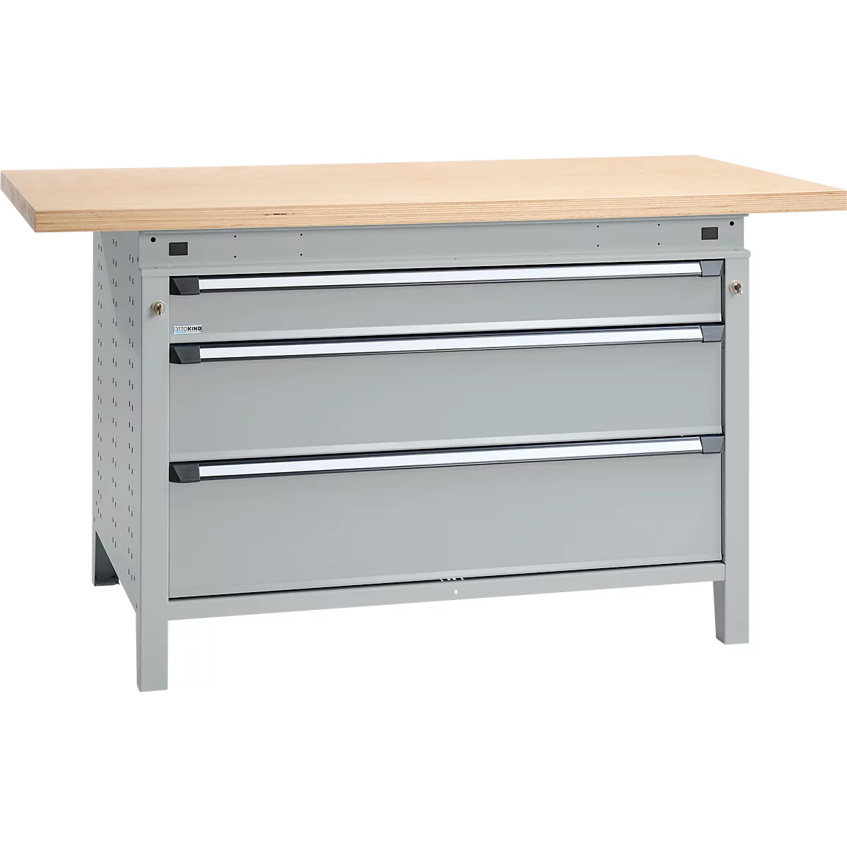 Otto Kind brede werkbank type 405, beuken multiplex blad, tot 1.200 kg, B 1524 x D 750 x H 850 mm, staal, centrale vergrendeling, blank aluminium/wit aluminium