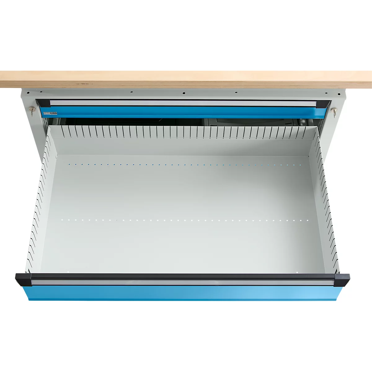 Otto Kind brede werkbank type 405, beuken multiplex blad, tot 1.200 kg, B 1524 x D 750 x H 850 mm, staal, centrale vergrendeling, lichtgrijs/lichtblauw