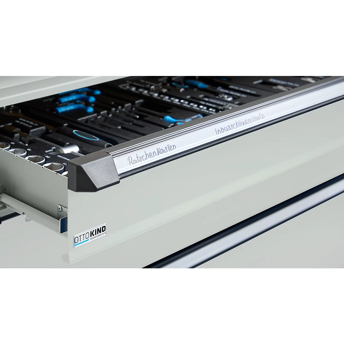 Otto Kind brede werkbank type 405, beuken multiplex blad, tot 1.200 kg, B 1524 x D 750 x H 850 mm, staal, centrale vergrendeling, lichtgrijs/lichtgrijs