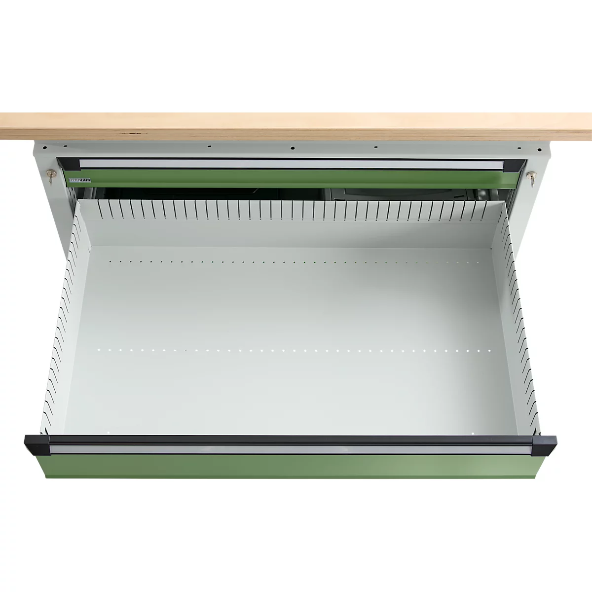 Otto Kind brede werkbank type 405, beuken multiplex blad, tot 1.200 kg, B 1524 x D 750 x H 850 mm, staal, centrale vergrendeling, lichtgrijs/resedagroen