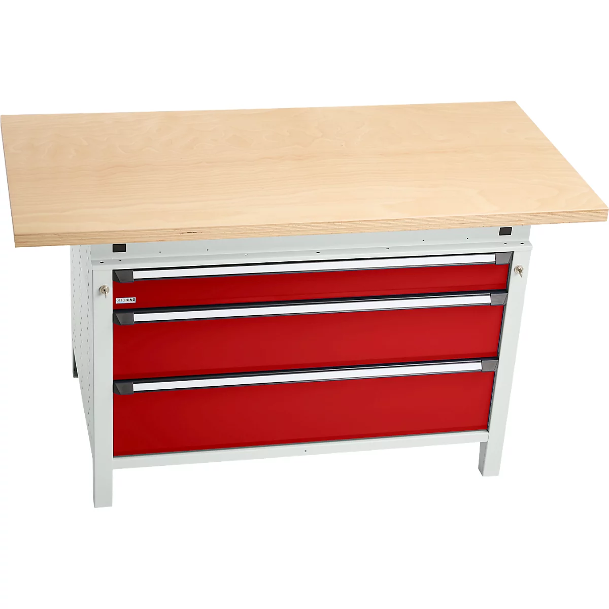 Otto Kind brede werkbank type 405, beuken multiplex blad, tot 1.200 kg, B 1524 x D 750 x H 850 mm, staal, centrale vergrendeling, lichtgrijs/ vuurrood