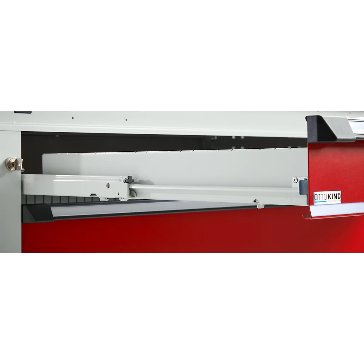Otto Kind brede werkbank type 405, beuken multiplex blad, tot 1.200 kg, B 1524 x D 750 x H 850 mm, staal, centrale vergrendeling, lichtgrijs/ vuurrood