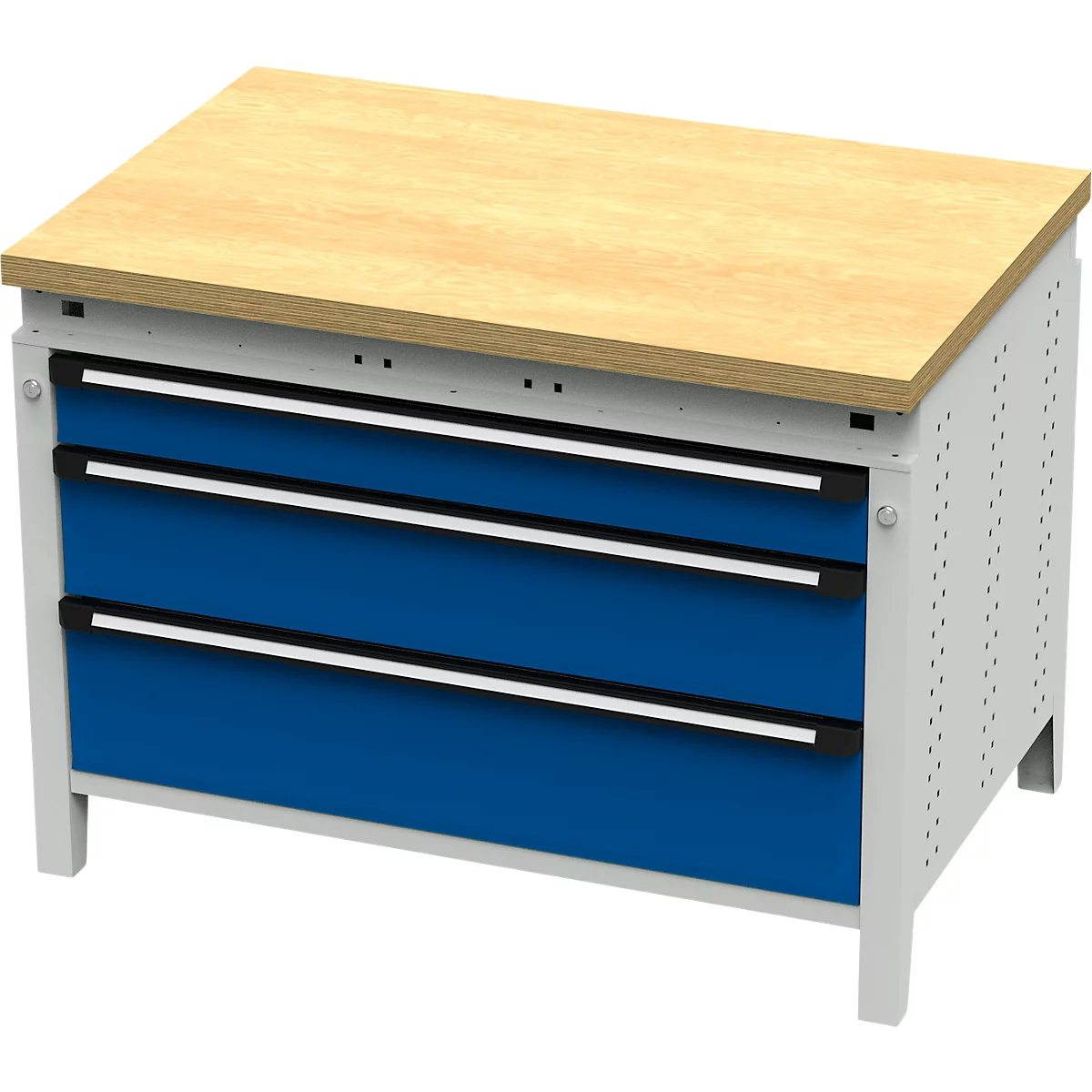 Otto Kind brede werkbank type 410, beuken multiplex blad, tot 1.200 kg, B 1152 x D 750 x H 850 mm, staal, centrale vergrendeling, lichtgrijs/gentiaanblauw